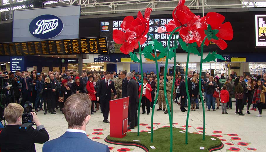 Bespoke poppy exhibit for the British Legion at Waterloo Station