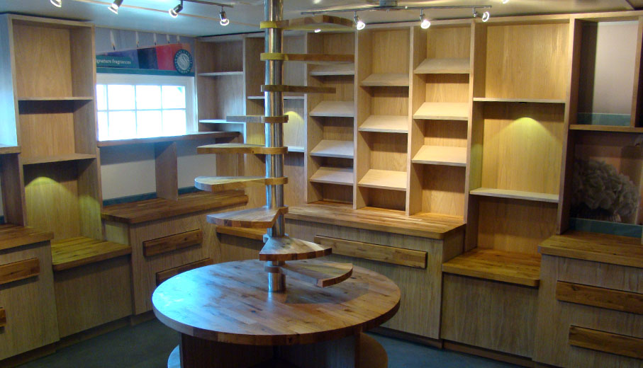 Hardwood shop interior manufactured with drawers and shelving