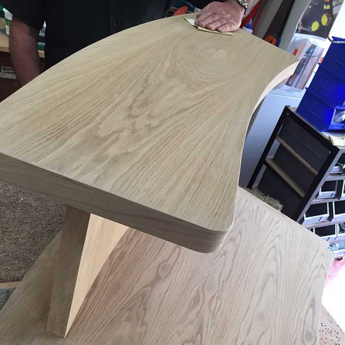 oak veneer counter top being hand finished by More Creative team