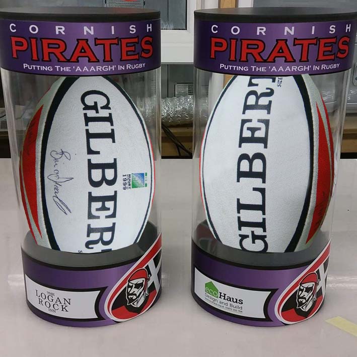 Rugby match ball presentation case with sponsors