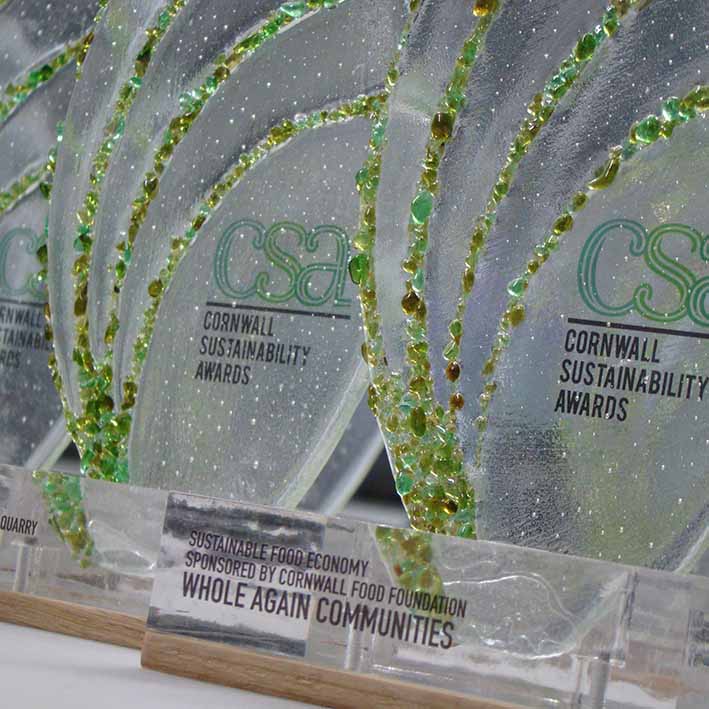 Sustainable recycled bottle glass cornwall food foundation award with acrylic and oak base 