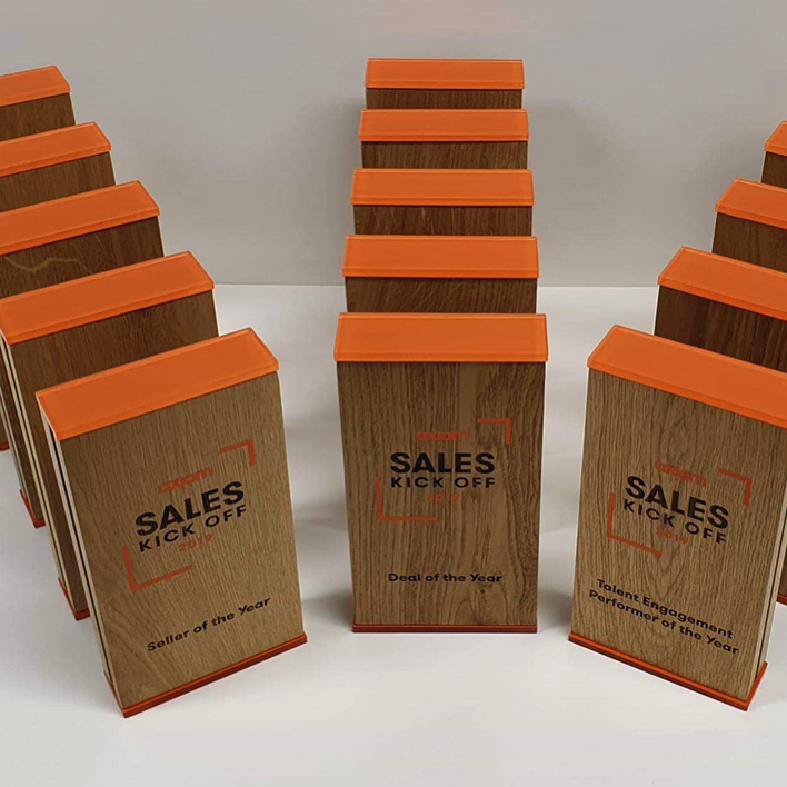 Personalised sales award made from wood and acrylic