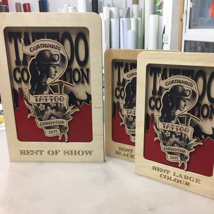 Cornwall Tattoo Convention Awards, laser cut layers from birch ply