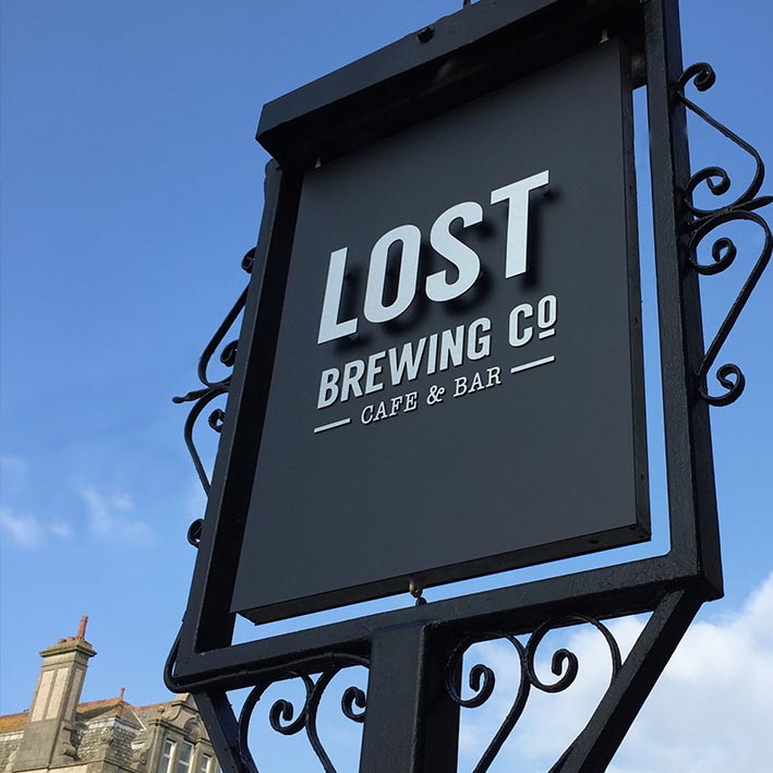 Cafe & bar sign made in Cornwall and installed at Lost Brewing Company Newquay