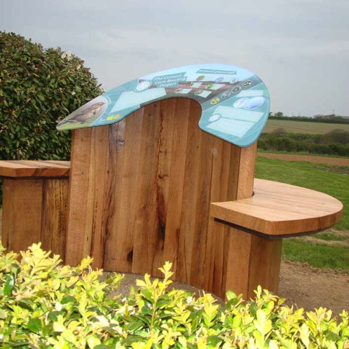 Interpretation lecturn dispaly stand for wildlife with curved seating in Cornwall