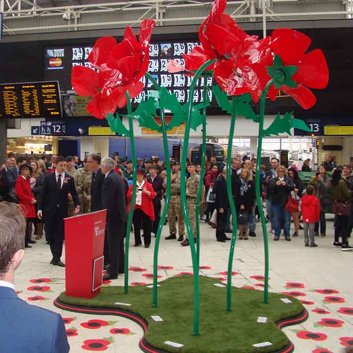 Temporary exhibit for poppy appeal at Waterloo Station in London