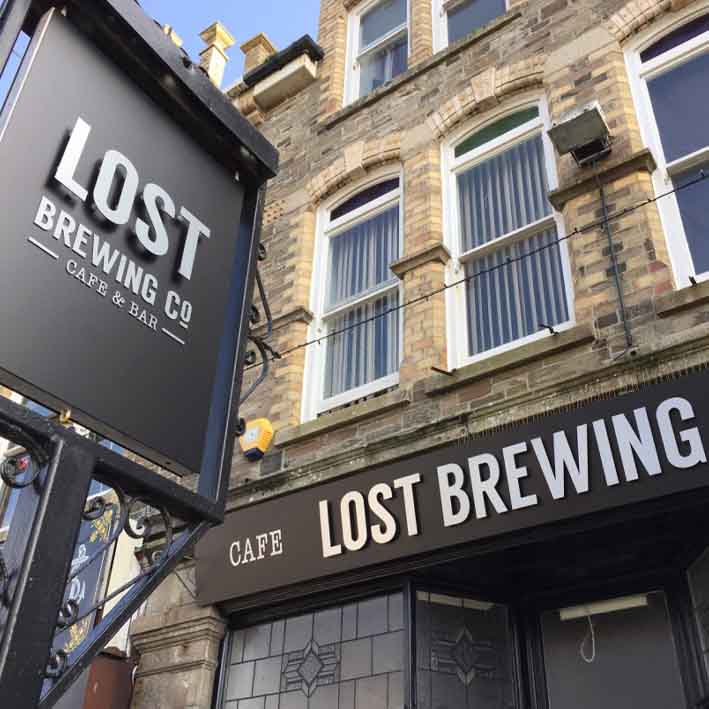 Lost Brewing Co bar and cafe signage Newquay, Cornwall