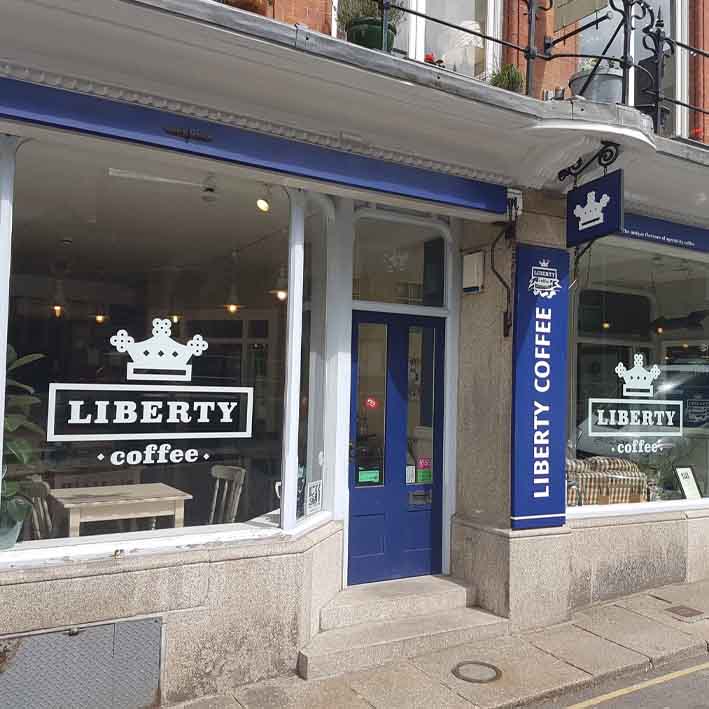 Liberty Coffee shop signs and window decals, Launceston Cornwall