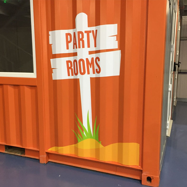 Custom party room printed graphics on container wrap in Cornwall